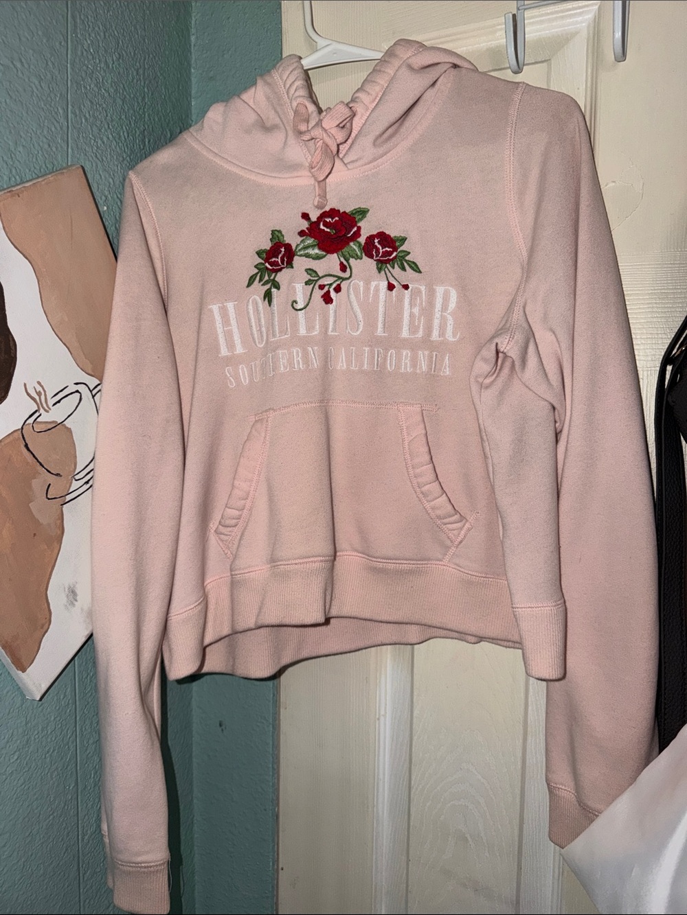 Hollister Light Pink Hooded Sweatshirt with Red Rose Embroidery